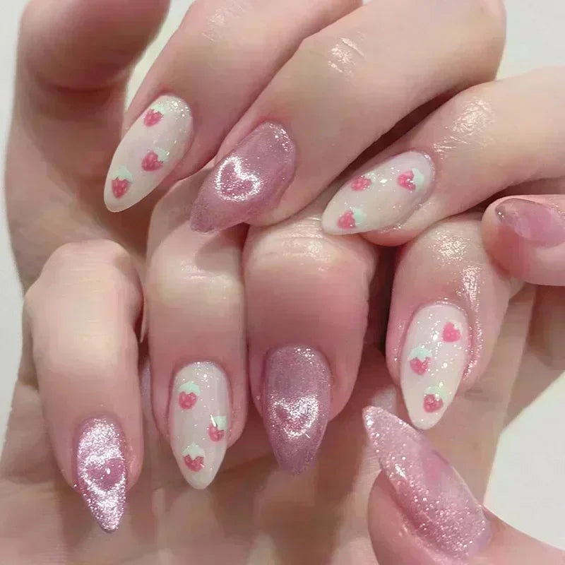 🌸 24pcs Pink Almond Press-On Nails – Sweet Summer Floral with Pearls