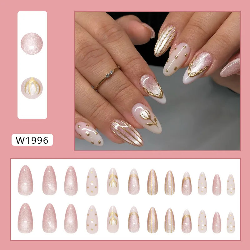 🌼 24pcs White Flower Press-On Nails – INS Yellow & Pink Blush Tones