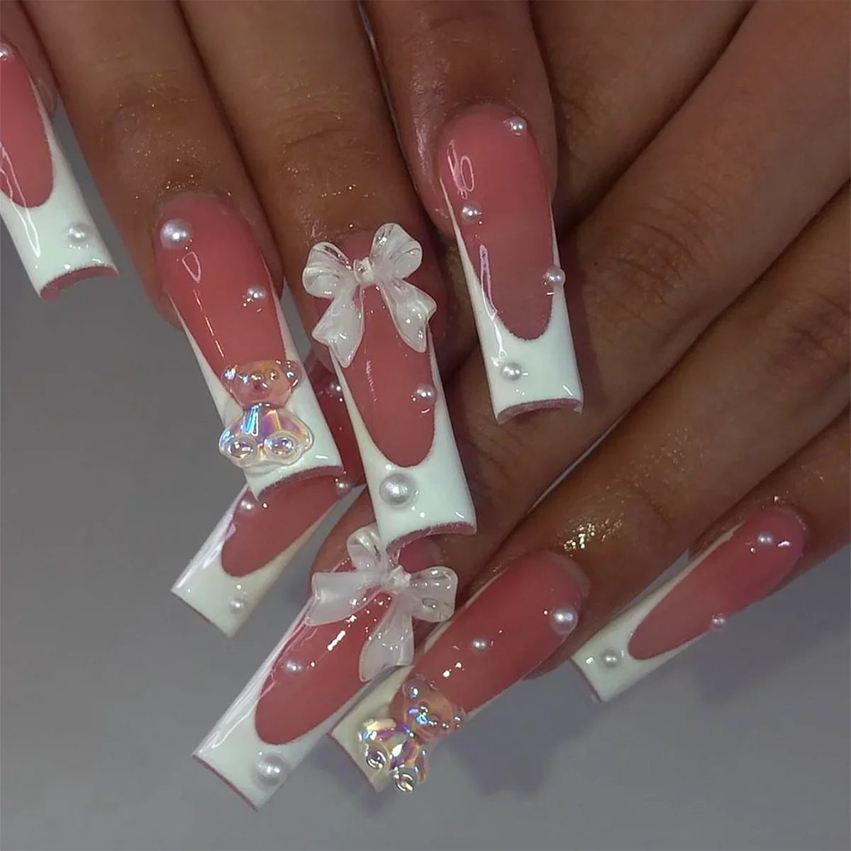 🐻 24pcs Extra Long Square Press-On Nails – 3D Bear & Bow with White French Tips