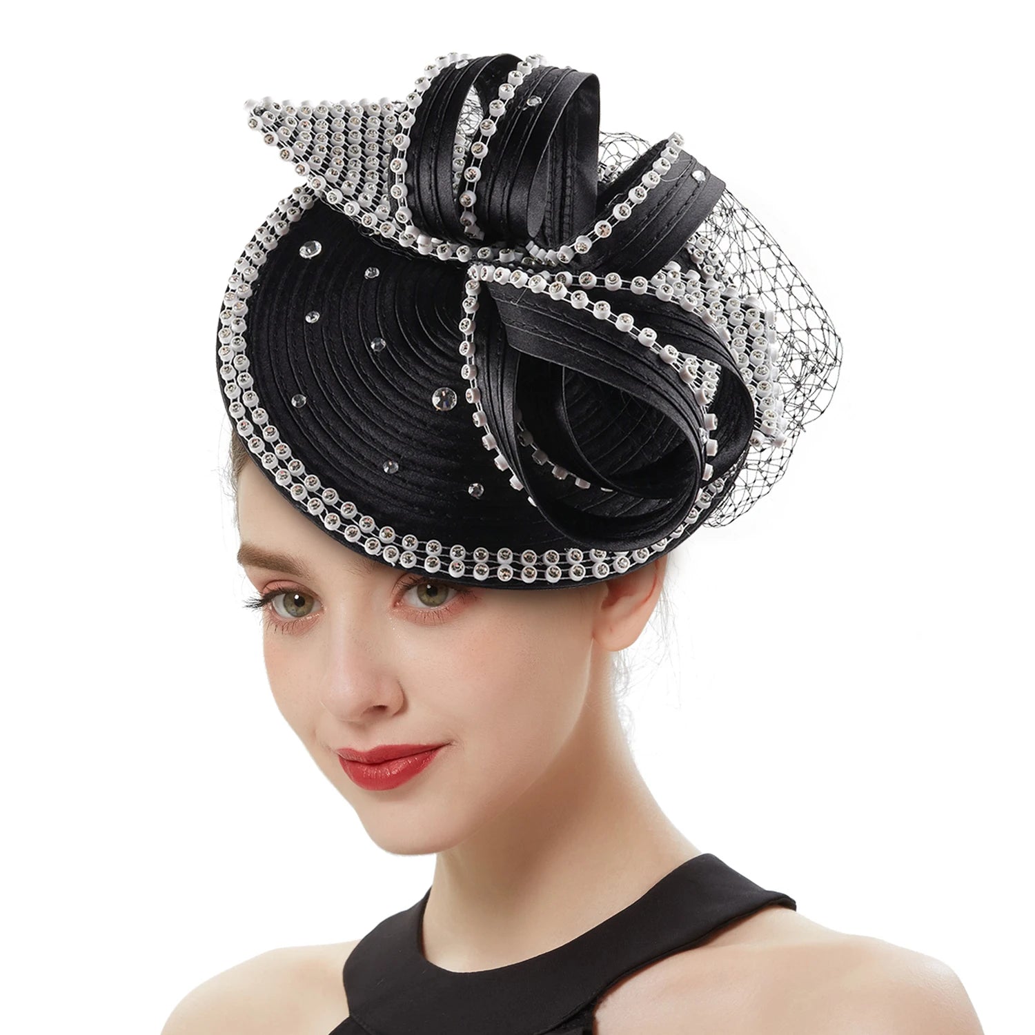 🎀 Perfect Satin Fascinator – Multicolor Fancy Hair Accessory with Veil & Rhinestones