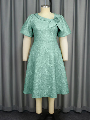 Jacquard Women’s Elegant A-Line Dress – Puff Sleeve 3D Flower Dress