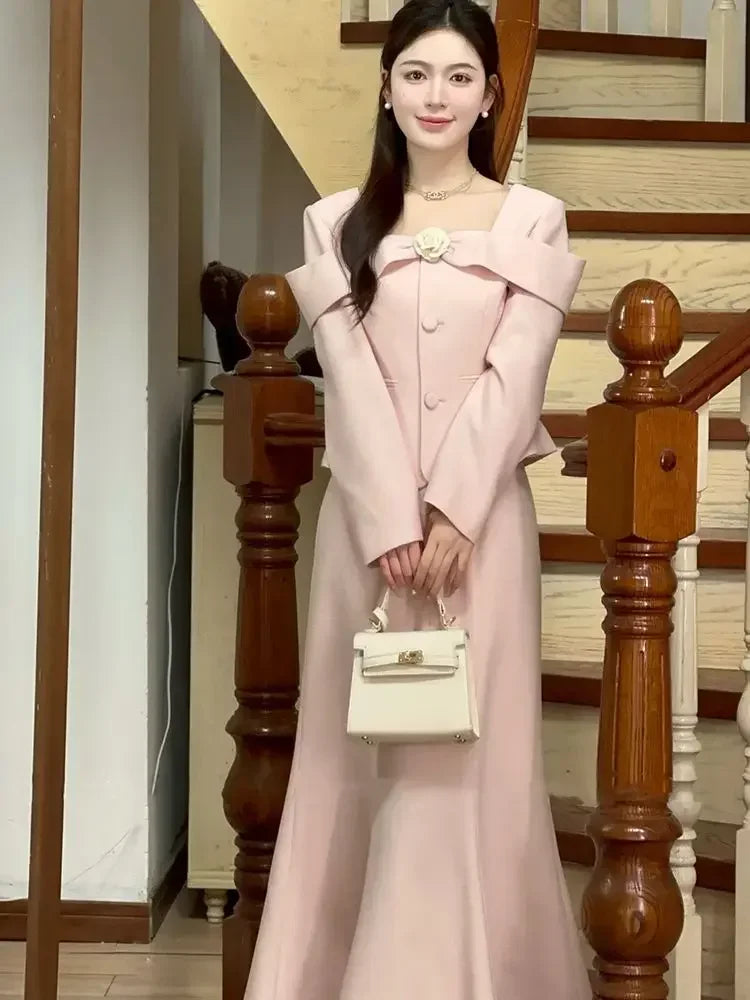 French Style Pink Tweed Two-Piece Set for Women