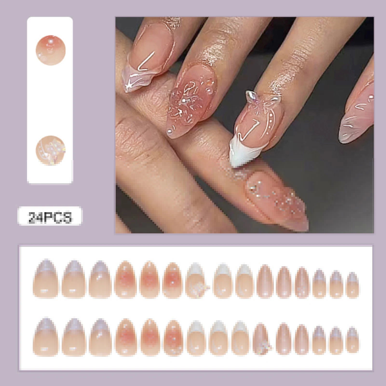 🌼 24pcs White Flower Press-On Nails – INS Yellow & Pink Blush Tones