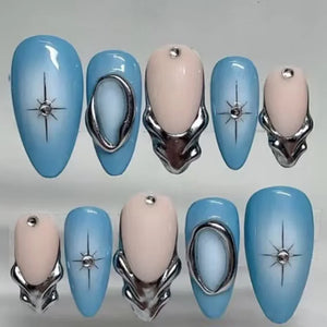 🍃 24pcs 3D Green Ripple Cat’s Eye Press-On Nails – French Almond Style with Leaf Design