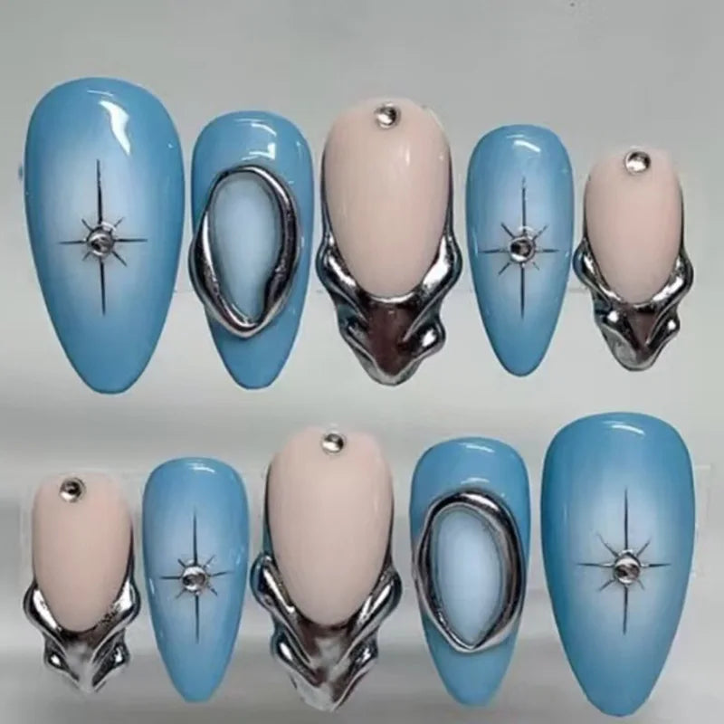 🍃 24pcs 3D Green Ripple Cat’s Eye Press-On Nails – French Almond Style with Leaf Design