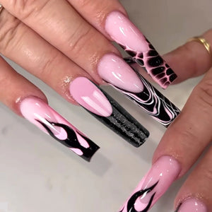 🐻 24pcs Extra Long Square Press-On Nails – 3D Bear & Bow with White French Tips