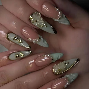 🍃 24pcs 3D Green Ripple Cat’s Eye Press-On Nails – French Almond Style with Leaf Design