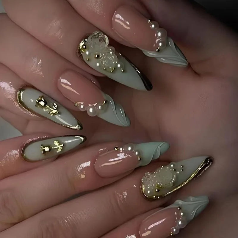 🍃 24pcs 3D Green Ripple Cat’s Eye Press-On Nails – French Almond Style with Leaf Design