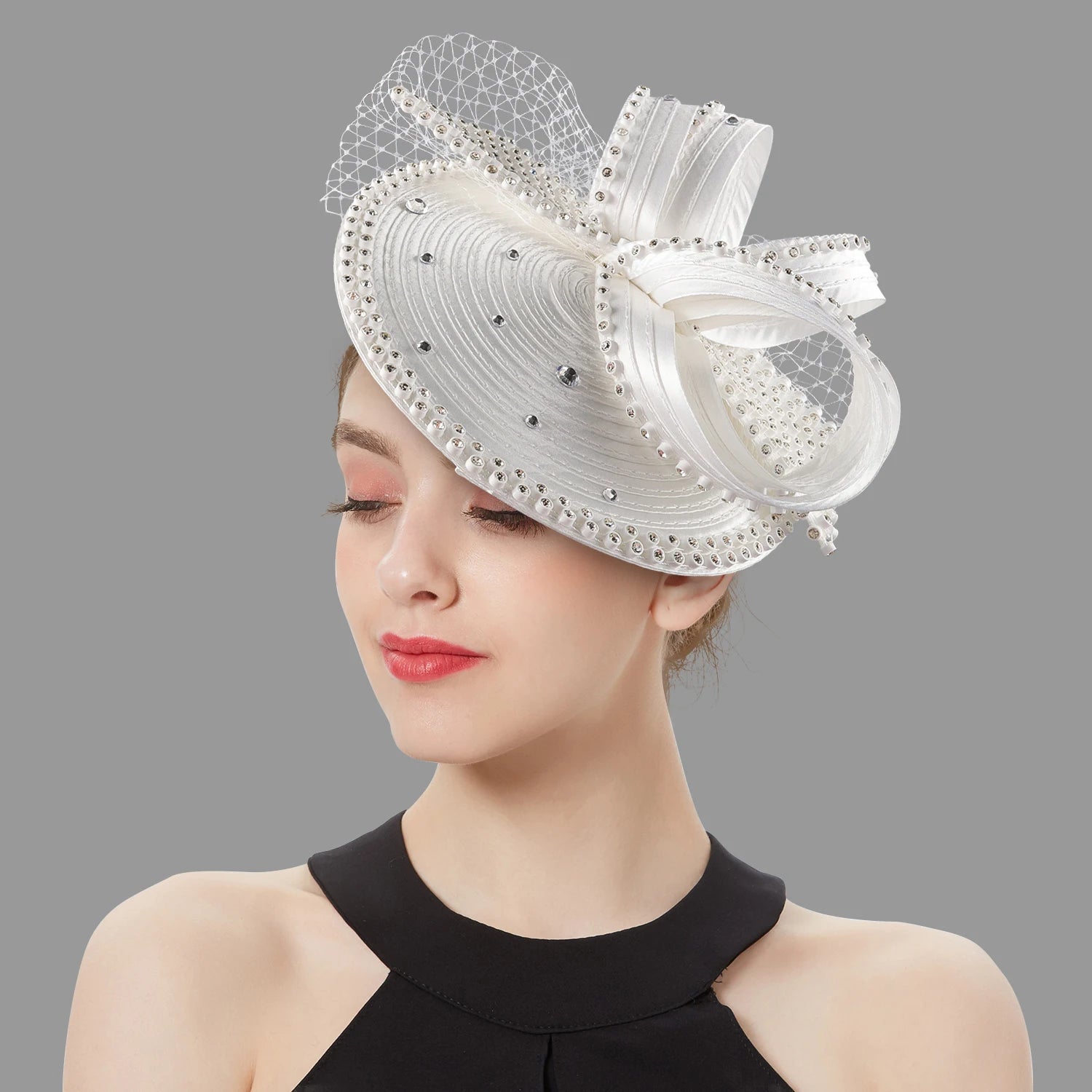 🎀 Perfect Satin Fascinator – Multicolor Fancy Hair Accessory with Veil & Rhinestones