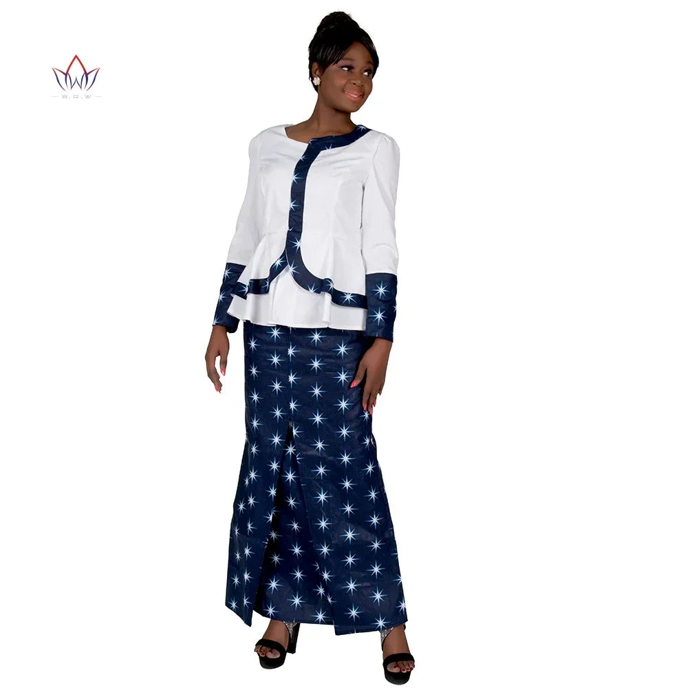 🌞 Summer African Traditional Outfit for Women – Bazin Riche Top & Skirt Set (WY9926)