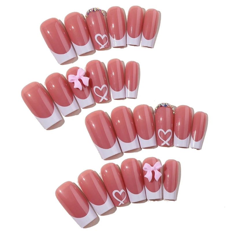 🎀 Chic Bow Tie Press-On Nails – Glossy Nude, Medium Long Square