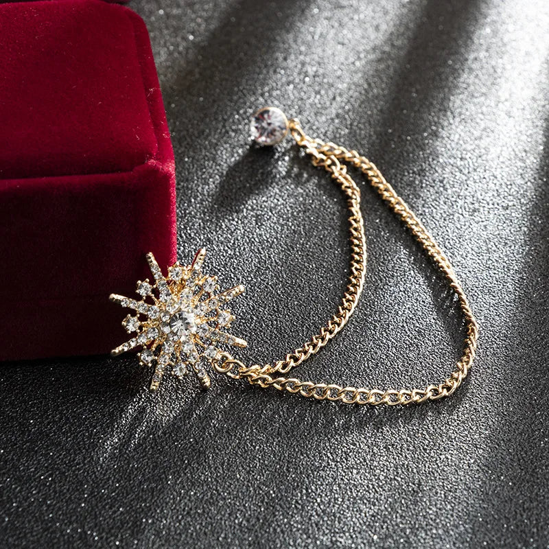 Korean Version of the British Style Asterisk Brooch Suit Tassel Chain Collar Pin Zircon Badge -Men's Accessories