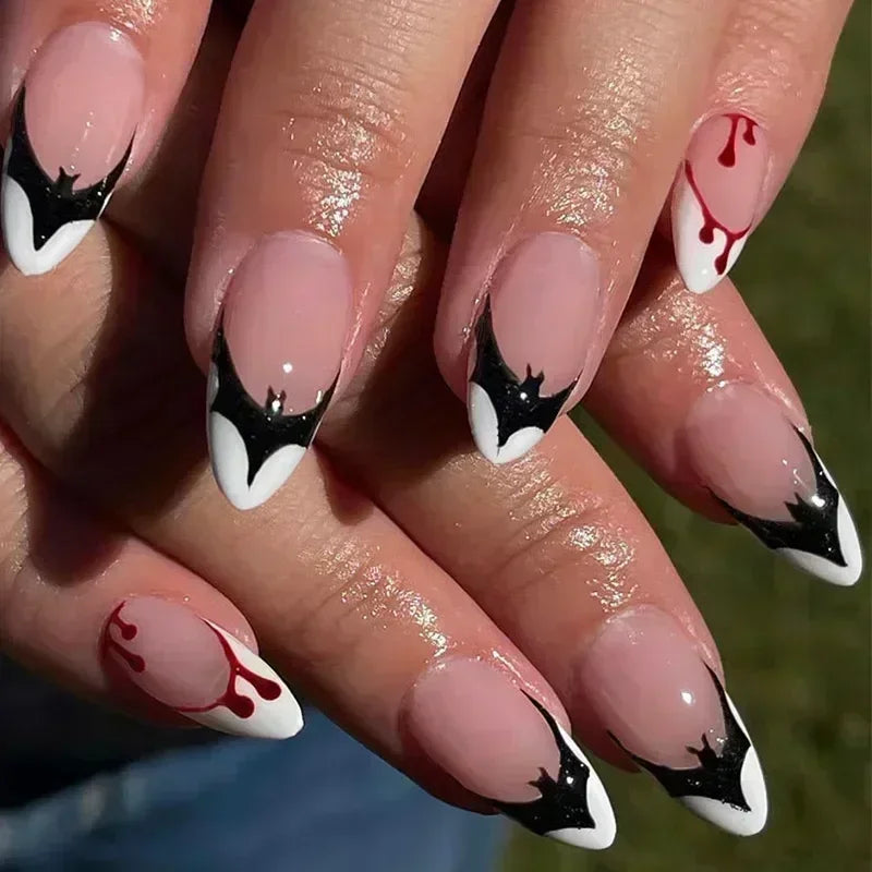 💗 24pcs French Almond Press-On Nails – White Edge with INS Pink Style