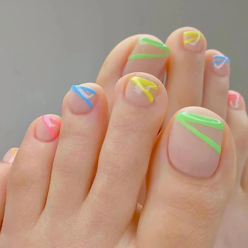🦋 24pcs Butterfly Design Press-On Toe Nails – Short French Style with Rhinestones