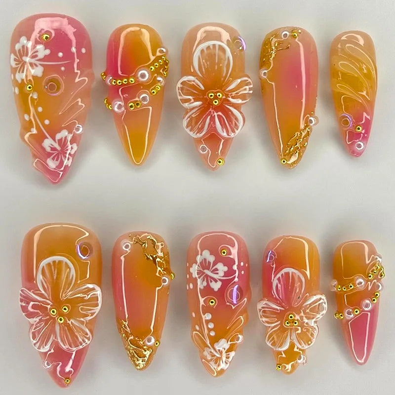 🍃 24pcs 3D Green Ripple Cat’s Eye Press-On Nails – French Almond Style with Leaf Design