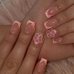 🌸 24pcs Short Square French Press-On Nails – 3D Embossed Flowers