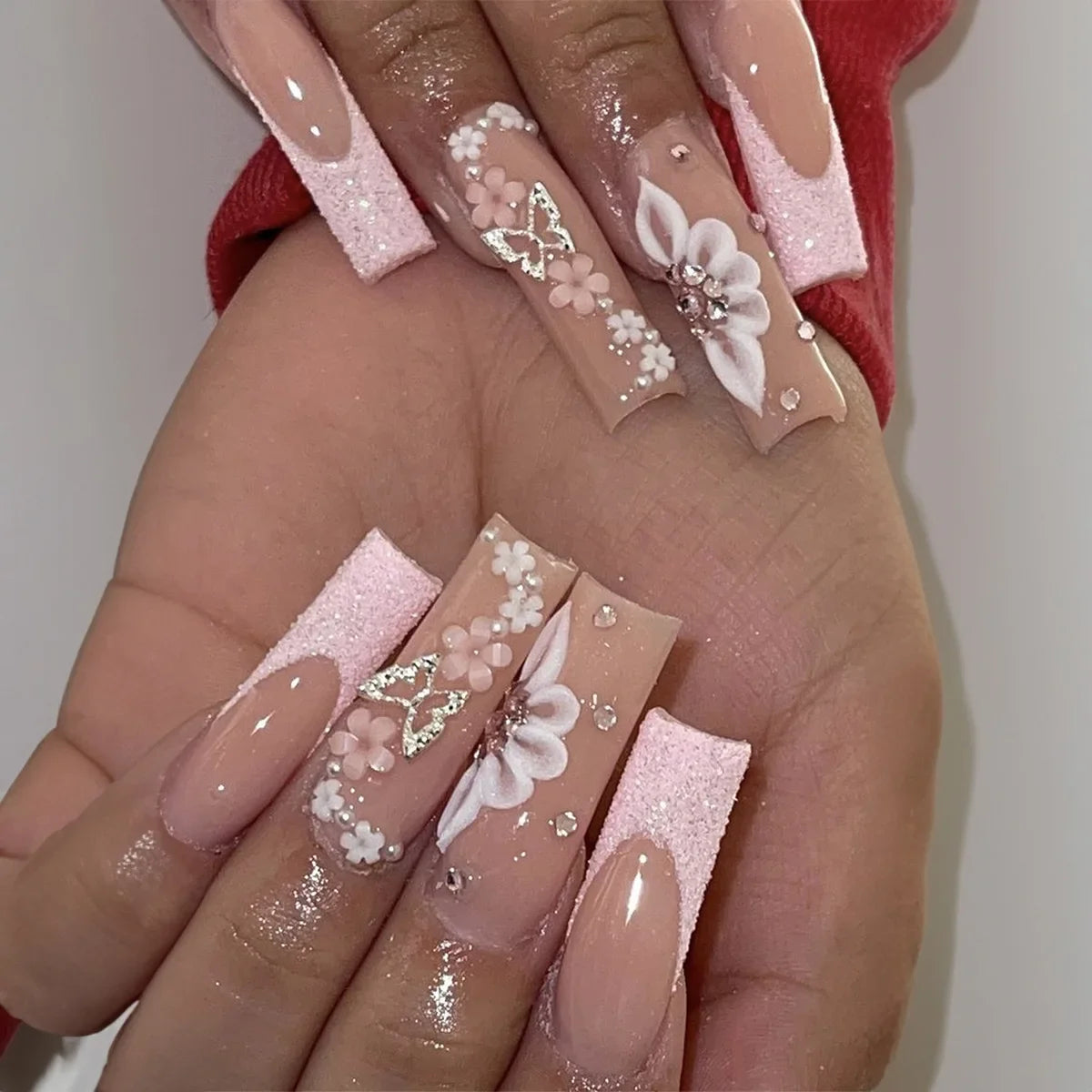 🐻 24pcs Extra Long Square Press-On Nails – 3D Bear & Bow with White French Tips
