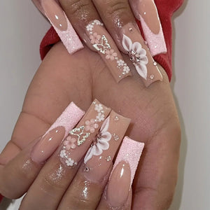🐻 24pcs Extra Long Square Press-On Nails – 3D Bear & Bow with White French Tips