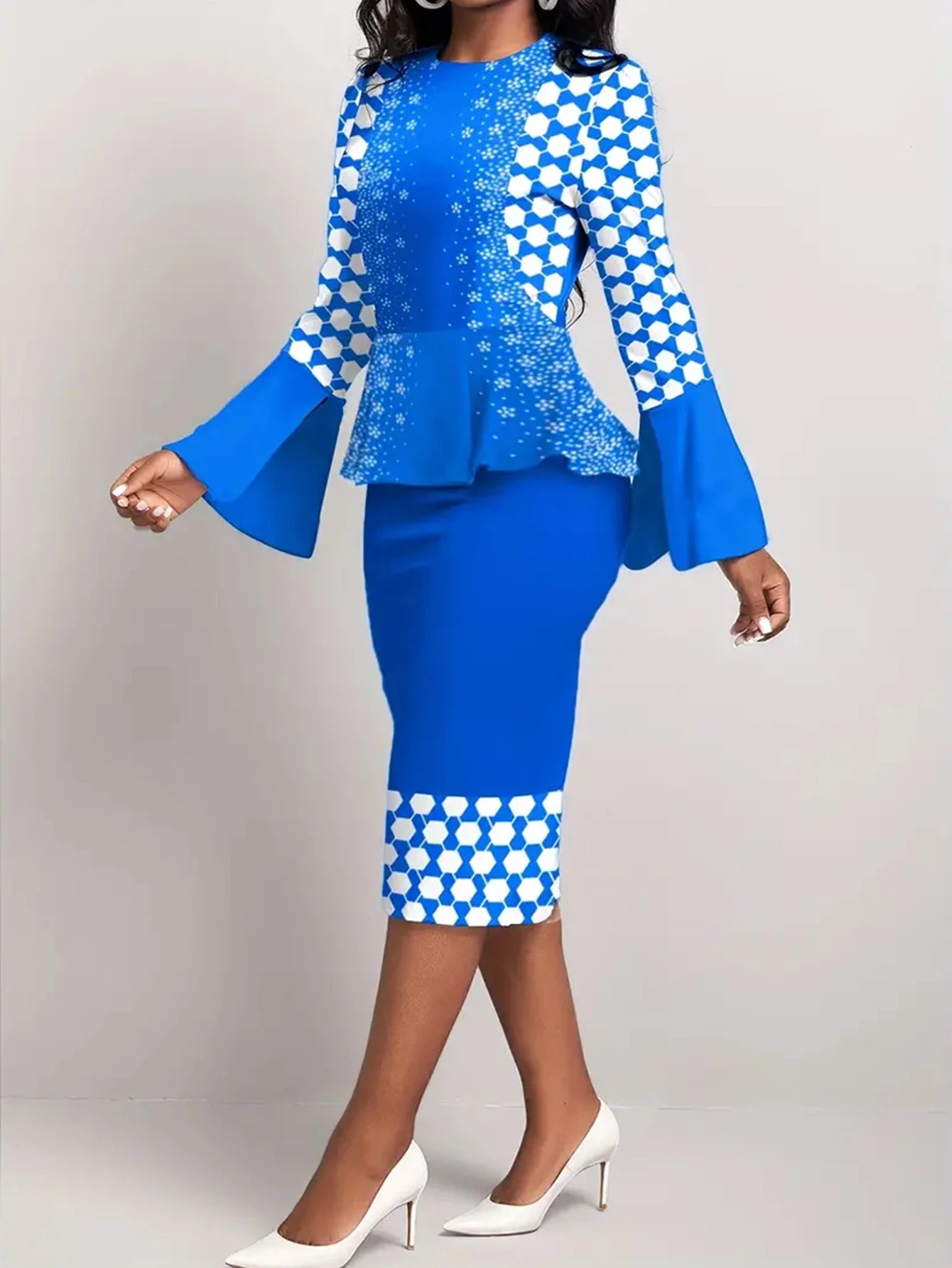 Geometric Print 2-in-1 African Print Church Dress – Blue Pencil Bodycon
