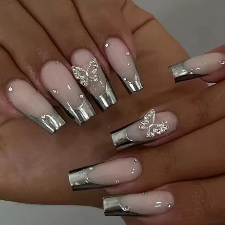 ✨ 24pcs Gold French Border Press-On Nails – Long Coffin Style with Rhinestones