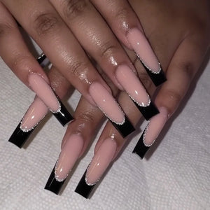 💖 24pcs Rhinestone Pink French Press-On Nails – Long Ballet Square Style
