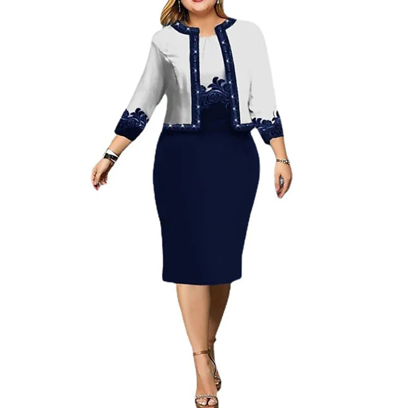 Elegant 2-Piece Dress Set for Women – 3/4 Sleeve Cardigan & Wrapped Hip Dress
