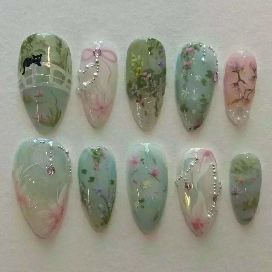 🌸 24pcs Pink Almond Press-On Nails – Sweet Summer Floral with Pearls