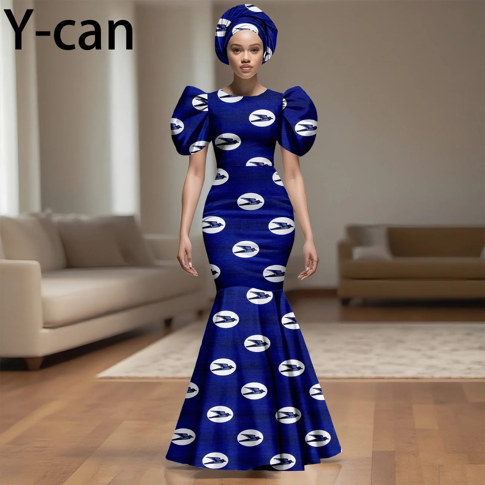 💃 African Party Dress for Women – Puff Sleeve Mermaid Dress with Headwrap (2525142)