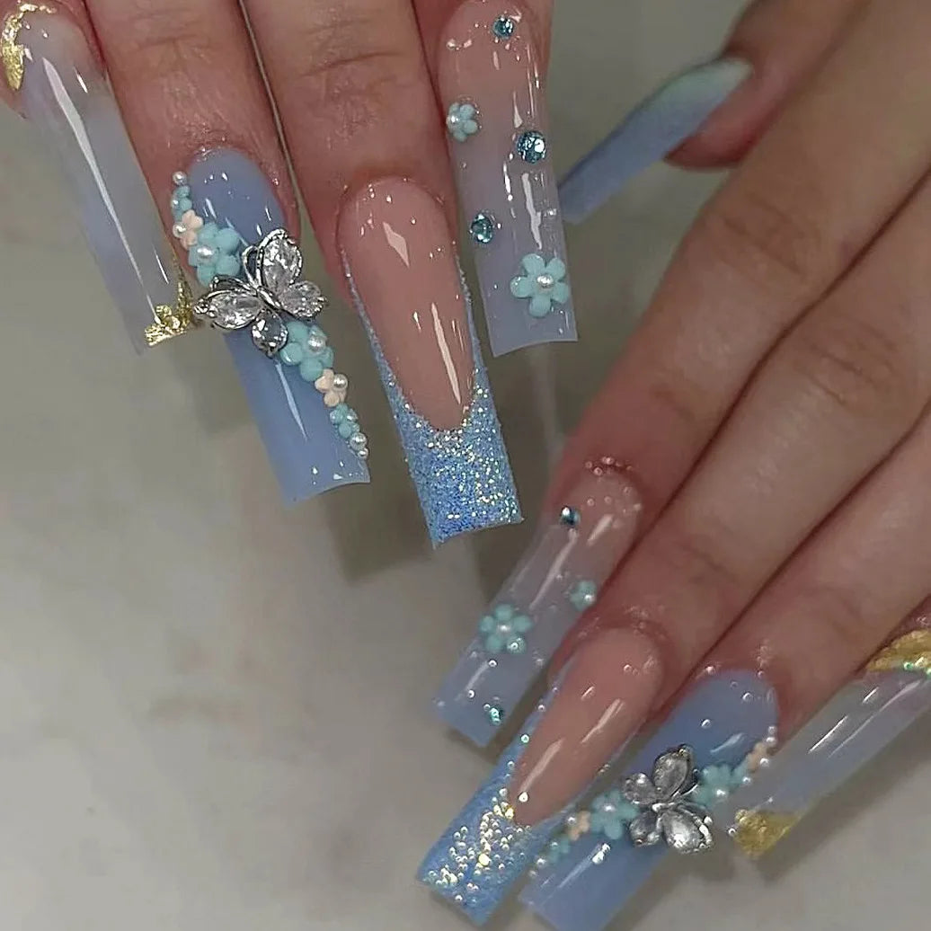 ✨ 24pcs Gold French Border Press-On Nails – Long Coffin Style with Rhinestones