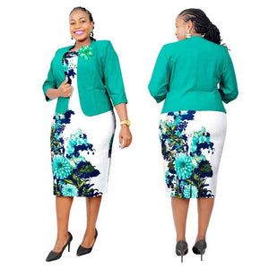 African Clothes Flower Printed Two-Piece Set – Sleeveless Bodycon Mini Dress & Coat Suit for Women