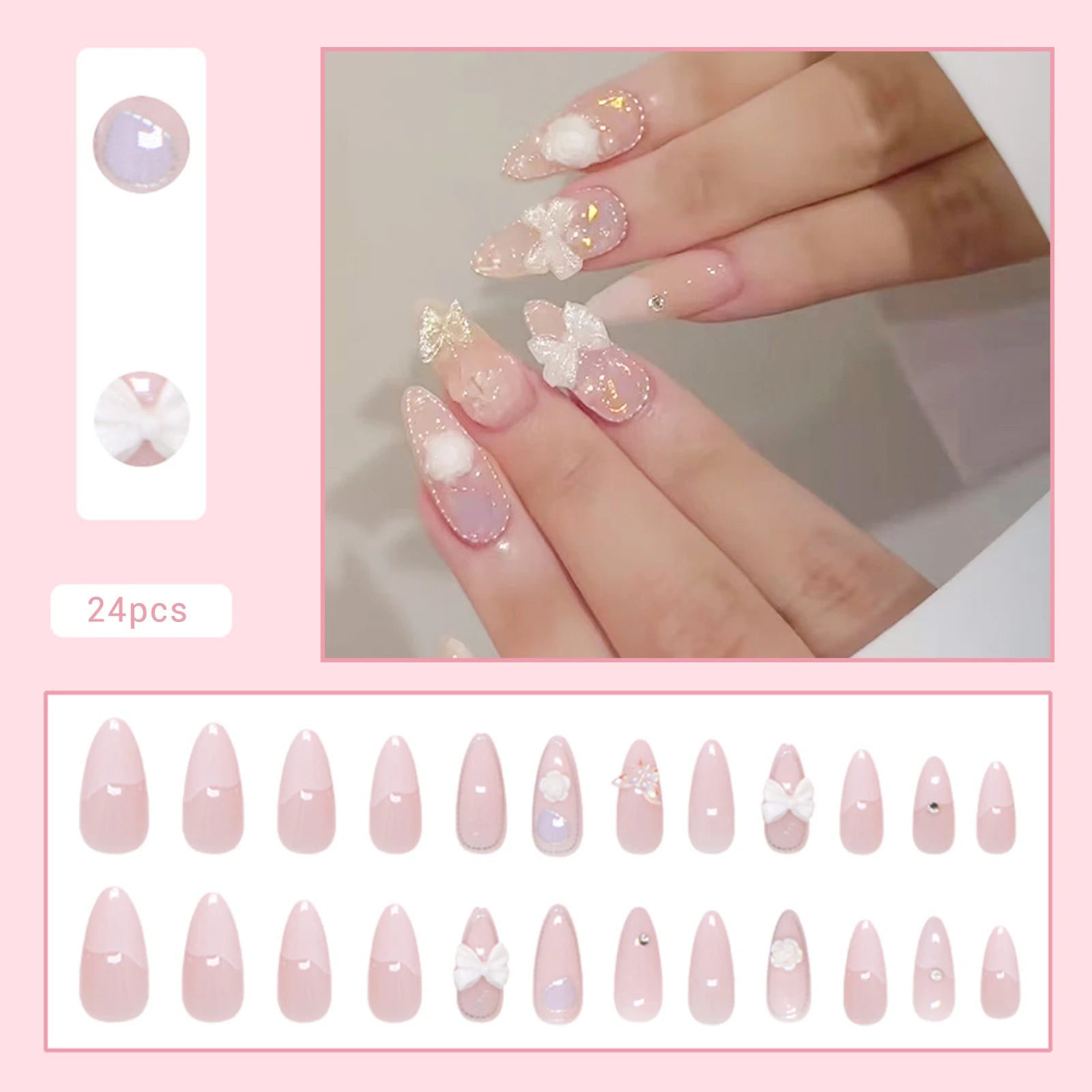 🌼 24pcs White Flower Press-On Nails – INS Yellow & Pink Blush Tones