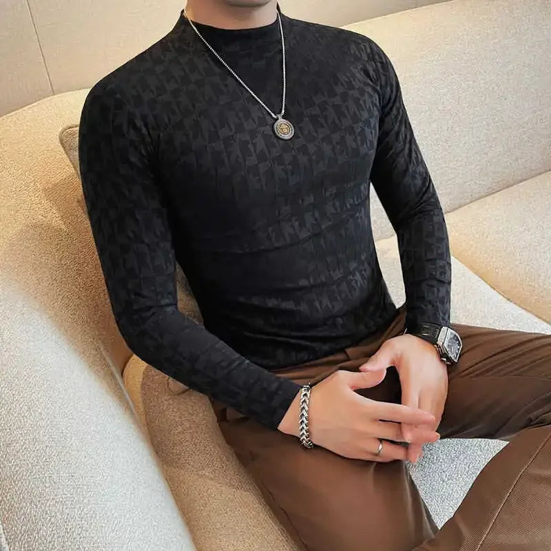 Printed Semi Turtleneck Elastic T-shirt – Men’s Autumn Long-Sleeve Slim Fit Tee