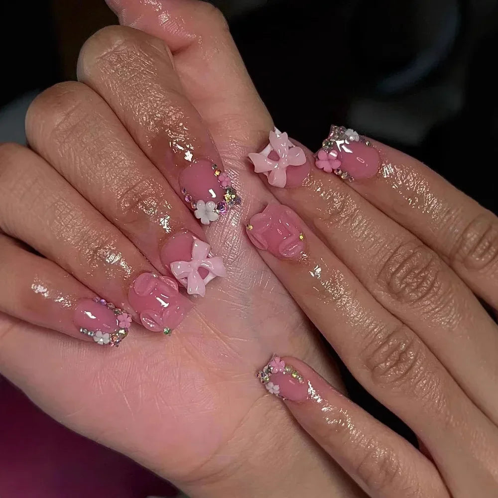 🖤 24pcs Short Almond Press-On Nails – Black Bowknot & White Pearl French Tips