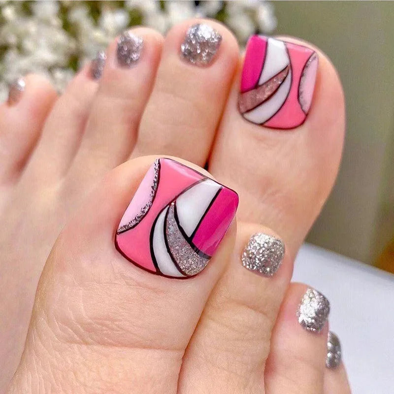 🦋 24pcs Butterfly Design Press-On Toe Nails – Short French Style with Rhinestones