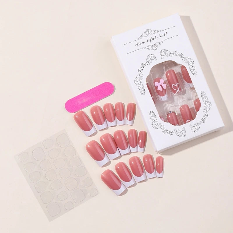 🎀 Chic Bow Tie Press-On Nails – Glossy Nude, Medium Long Square