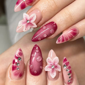 🌞 24PCS Summer Colorful Press-On Nails – Almond Shape with 3D Flowers & Beach Art