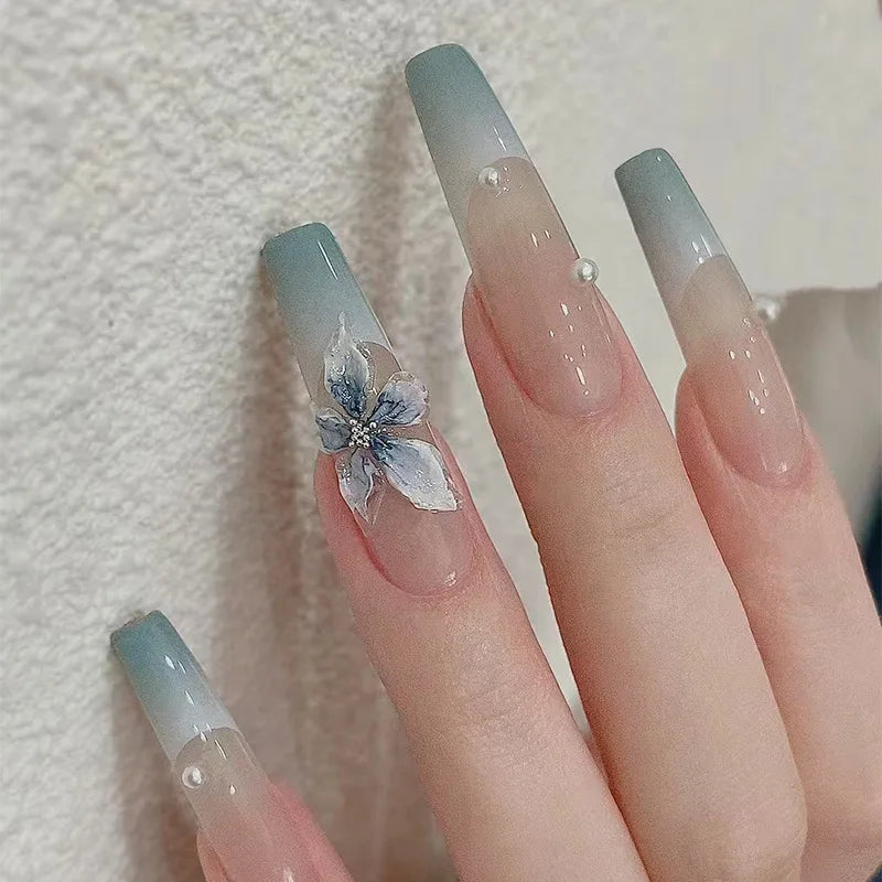 ✨ 24pcs Gold French Border Press-On Nails – Long Coffin Style with Rhinestones