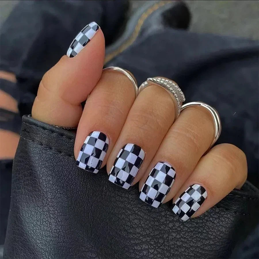 🖤 24pcs Short Almond Press-On Nails – Black Bowknot & White Pearl French Tips
