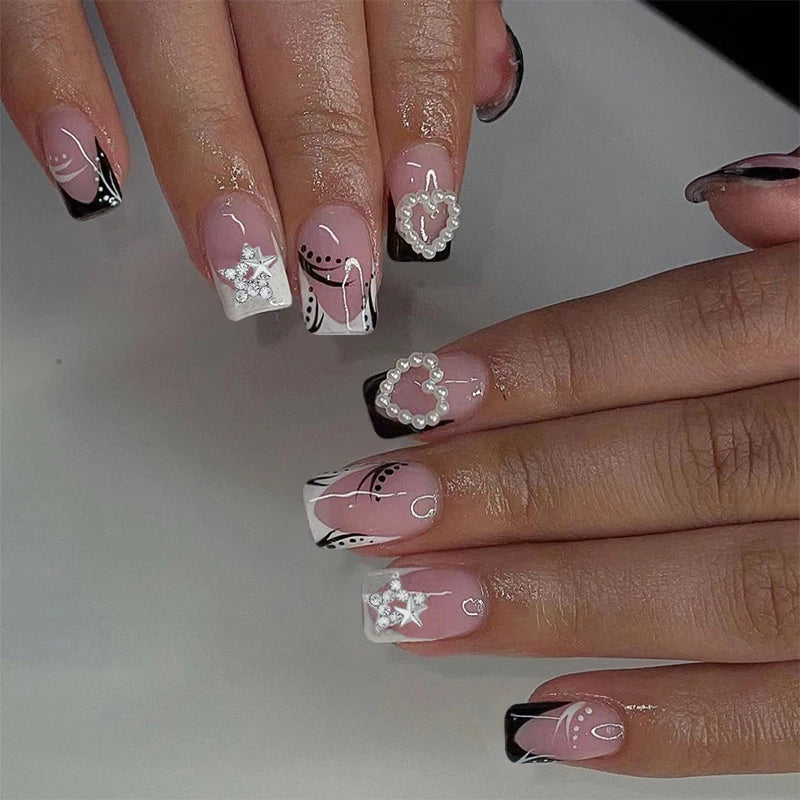 🖤 24pcs Short Almond Press-On Nails – Black Bowknot & White Pearl French Tips