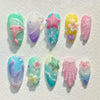 🍃 24pcs 3D Green Ripple Cat’s Eye Press-On Nails – French Almond Style with Leaf Design