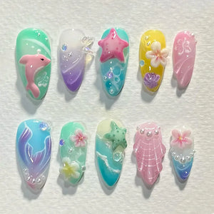 🍃 24pcs 3D Green Ripple Cat’s Eye Press-On Nails – French Almond Style with Leaf Design