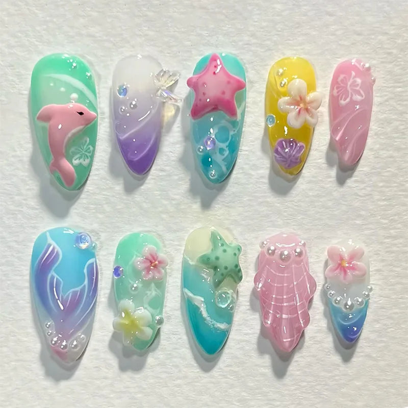 🍃 24pcs 3D Green Ripple Cat’s Eye Press-On Nails – French Almond Style with Leaf Design