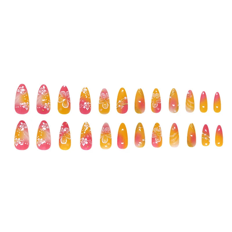 🌼 24pcs White Flower Press-On Nails – INS Yellow & Pink Blush Tones