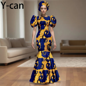 💃 African Party Dress for Women – Puff Sleeve Mermaid Dress with Headwrap (2525142)