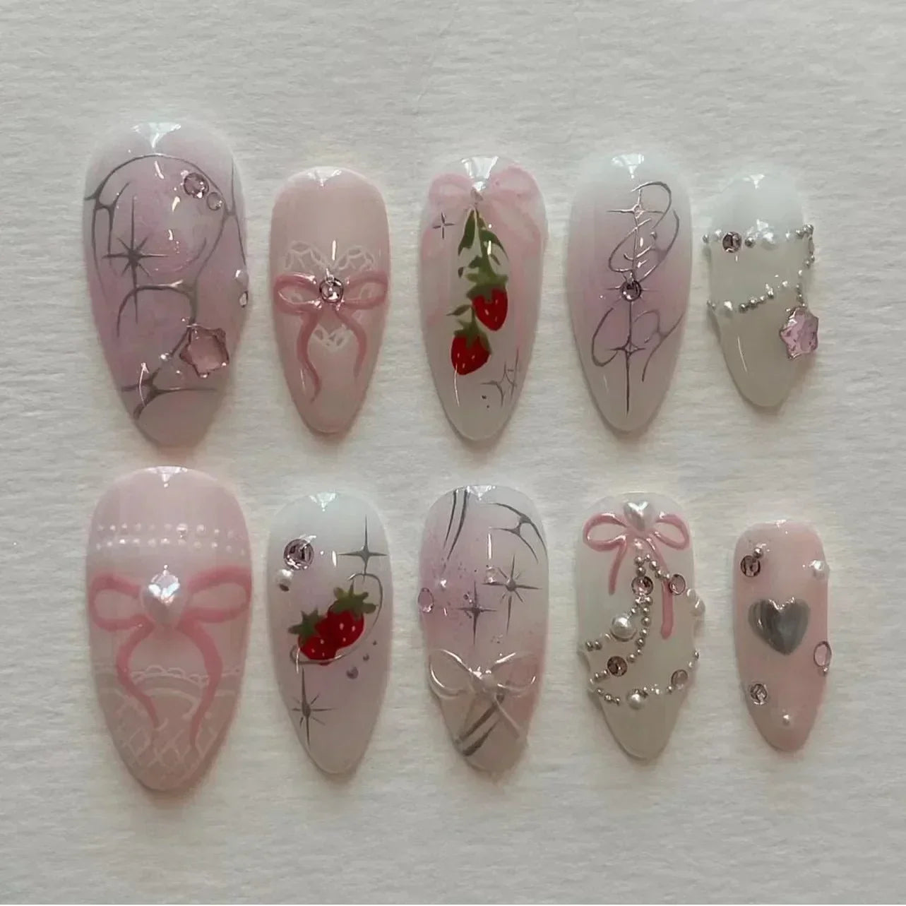 🌸 24pcs Pink Almond Press-On Nails – Sweet Summer Floral with Pearls