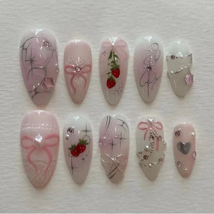 🌸 24pcs Pink Almond Press-On Nails – Sweet Summer Floral with Pearls