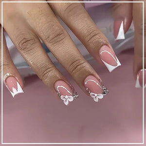 🖤 24pcs Short Almond Press-On Nails – Black Bowknot & White Pearl French Tips