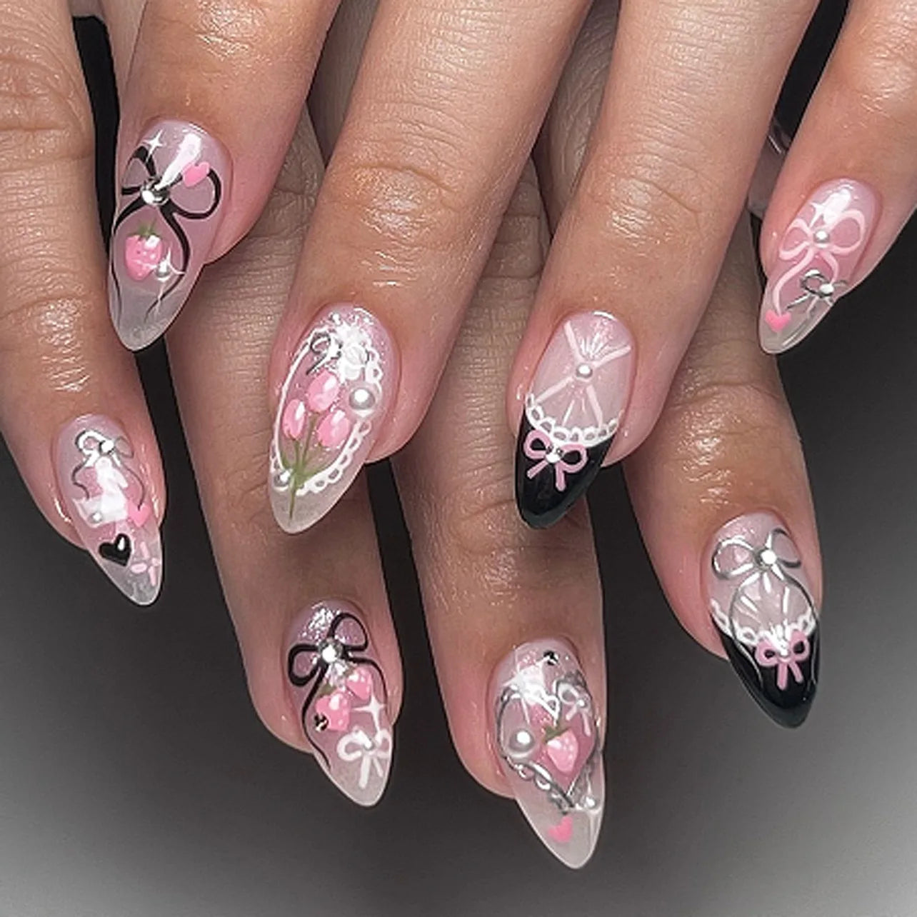 🌿 24pcs Flora Almond Press-On Nails – Mori Girl Ballet-Inspired Beauty
