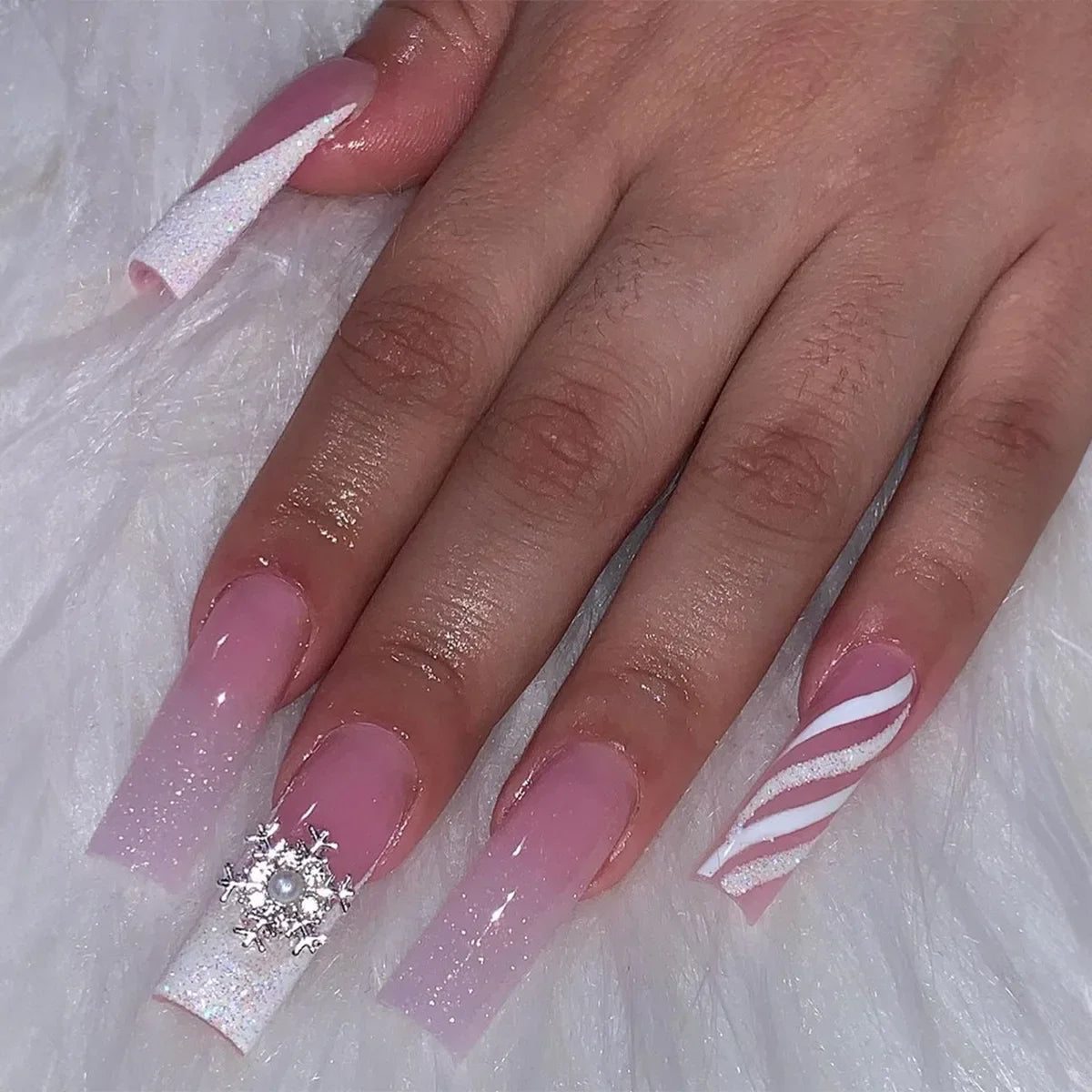 🐻 24pcs Extra Long Square Press-On Nails – 3D Bear & Bow with White French Tips