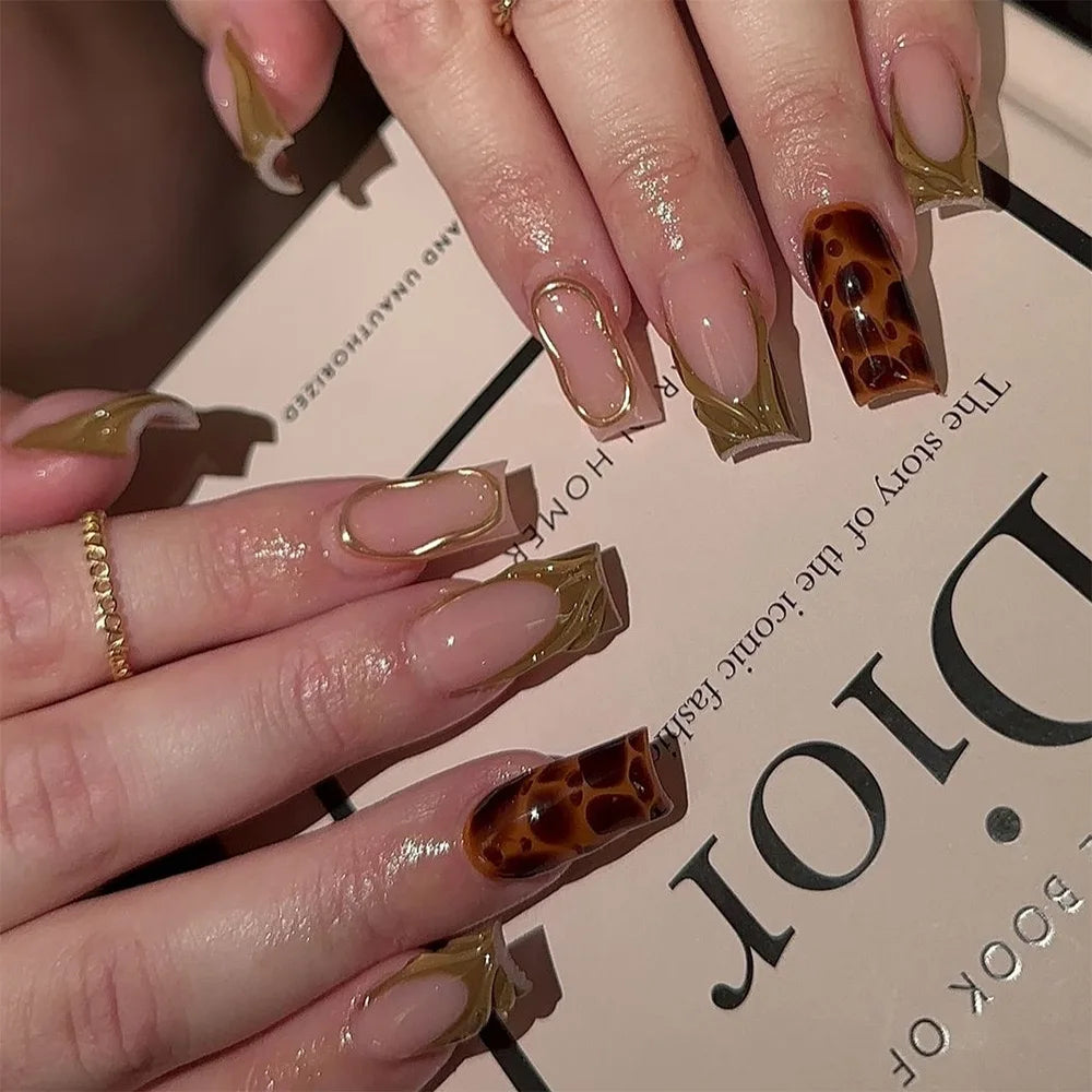 ✨ 24pcs Gold French Border Press-On Nails – Long Coffin Style with Rhinestones